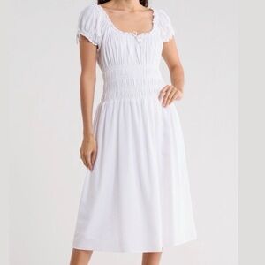 Wayf White Smocked Midi Dress with Puff Sleeves